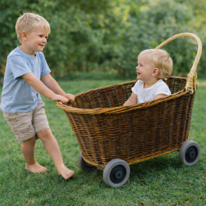 Carrito para eventos de mimbre blanco natural (Rueda 10 cms)