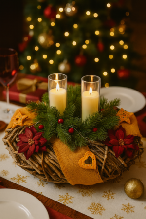 Centro corona Navidad hinojo con luz y velas